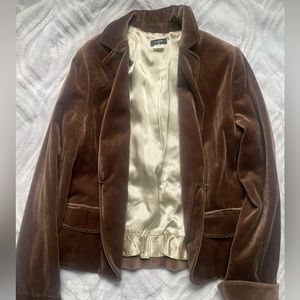 Brown blazer with light green lining.